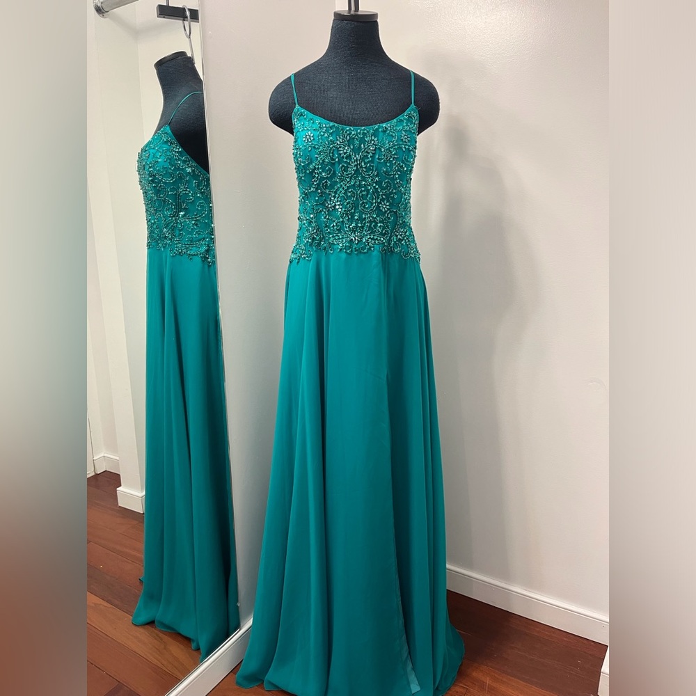 Beaded illusion tie back a-line gown